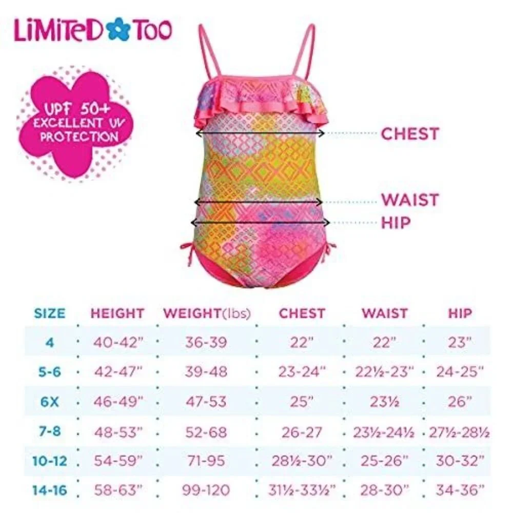 Limited Too Girls 14-16 Bathing Suit UPF 50 One Piece Ruffled Swimsuit Pink